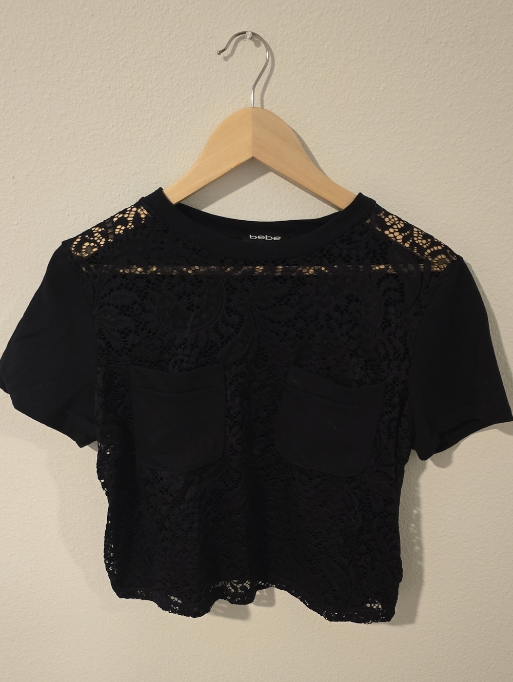 bebe Black Lace Short Sleeve Tee with Front Pockets